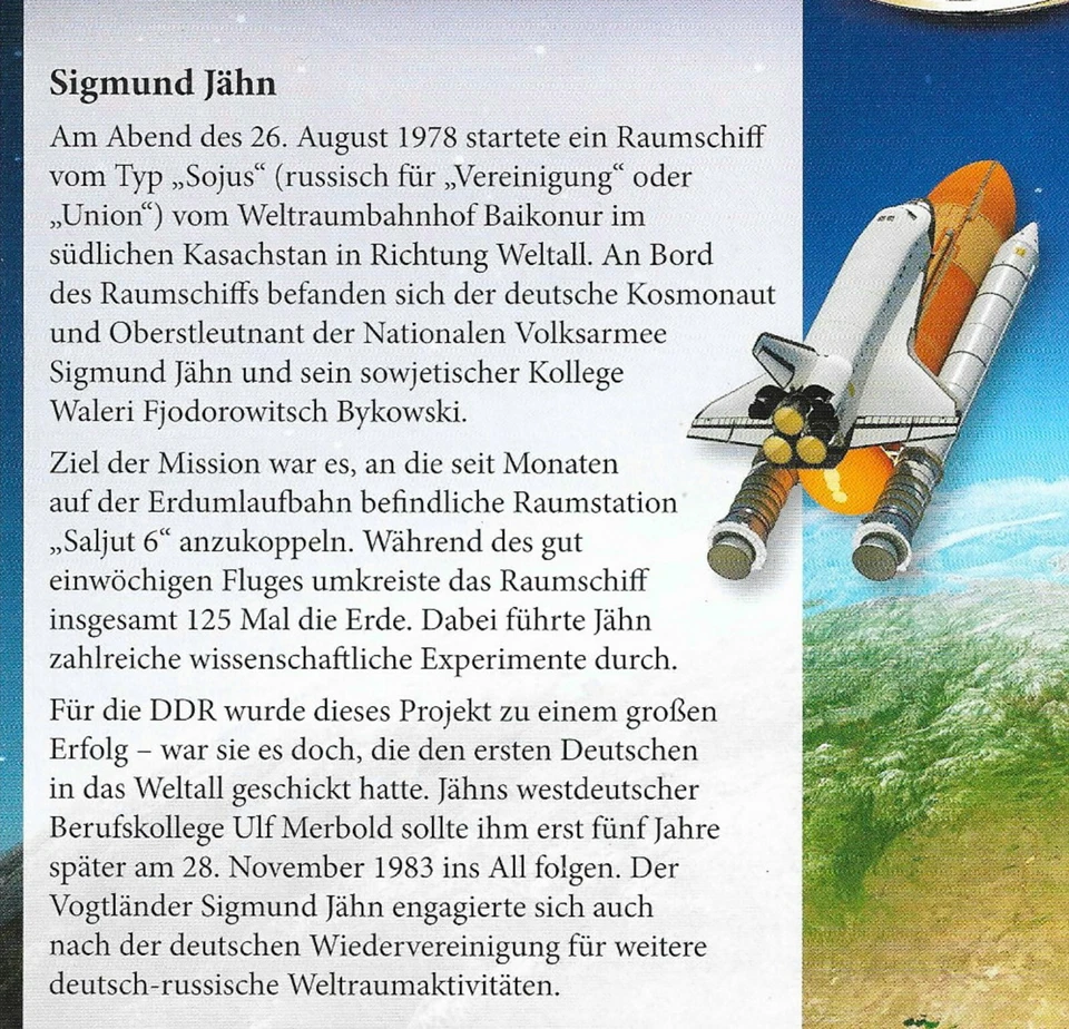 Münze, Gedenkprägung "Sigmund Jähn" 1.ter Deutscher im Weltall -Geschichte der - Bild 2 von 3