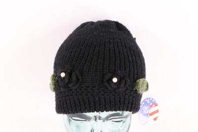 NOS Vintage 90s Streetwear Womens Chunky Knit Floral Flower Beanie Hat Cap Black Vintage Floral Flowers Print Beanie for Women Men Knit Hat  main image 3