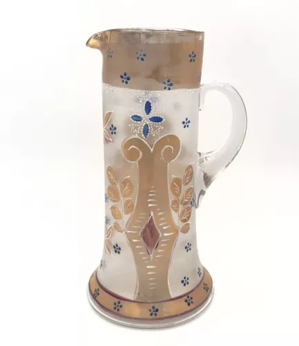 ANTIQUE VICTORIAN FROSTED GLASS ENAMELED FLORAL GOLD GILDED PITCHER UV REACTIVE