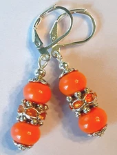 CORAL ORANGE JADE faceted CRYSTAL ring DROP earring SP LEVERBACK J2