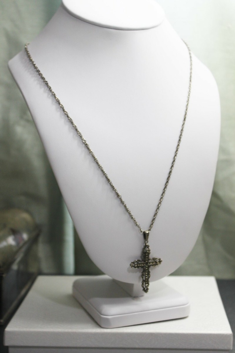 Ornate ART NOUVEAU Sterling Silver Marcasite Cross Pendant 