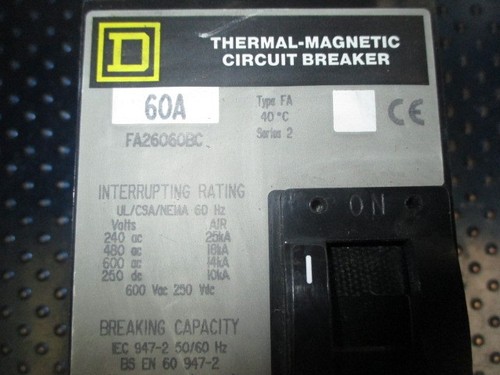SQUARE D 60A THERMAL-MAGNETIC CIRCUIT BREAKER TYPE FA SER 2 FA2606BC - Picture 3 of 5