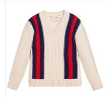 Gucci Sweater Kids Wool Cable Knit V Neck Ivory Blue Red Striped