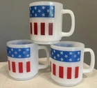 Vtg Glasbake Milk Glass Stars & Stripes Red Wht Blue Mug USA American Flag Qty 3