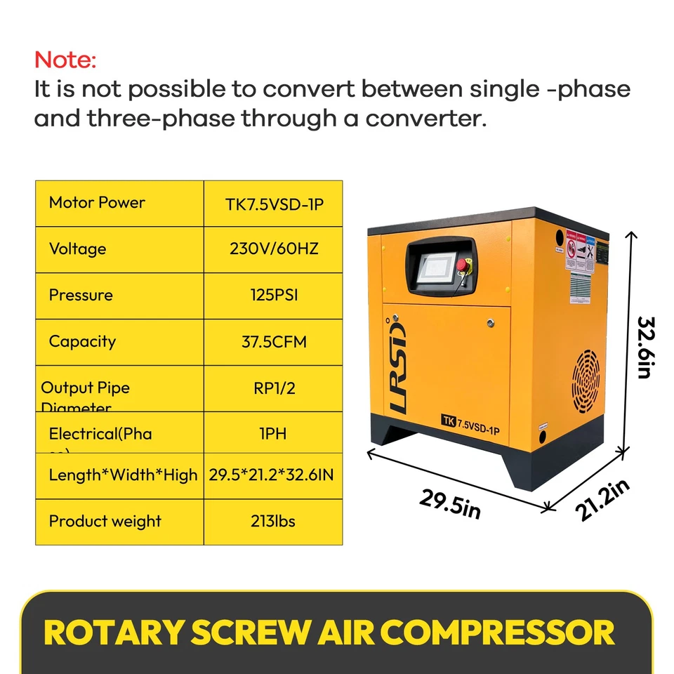 Compressor de ar parafuso rotativo 10 HP VFD 220V monofásico 38CFM com secador de ar 46CFM - Imagem 3 de 4