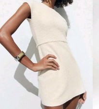 Zara Textured Mini Dress Women's Size Large Ivory Round Neckline Cotton Blend