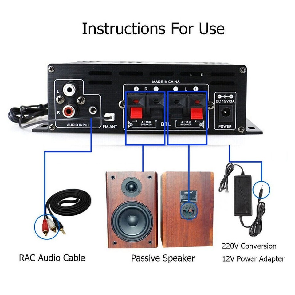 800W 2 Channel Bluetooth Mini HIFI Power Amplifier Audio Stereo Amp ...