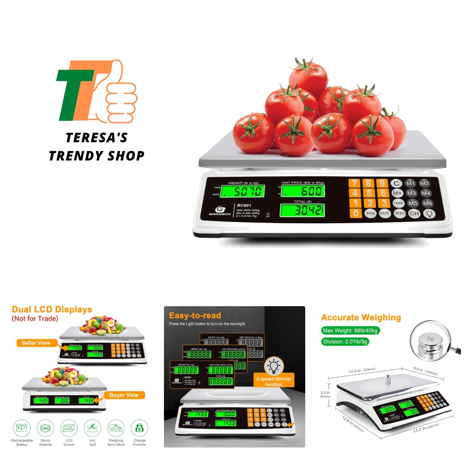 Price Computing Scale 88lb/40kg Commercial Food Scale for Produce Meat Weighi...