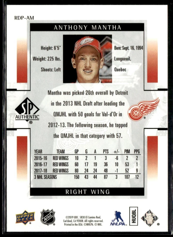 2018-19 SP Authentic 1999-00 Retro Draft Picks Anthony Mantha #RDP-AM - Image 2 of 2