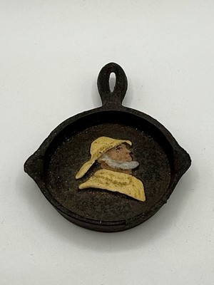 Vintage John Wright Miniature Cast Iron Skillet With Painted Fisherman
