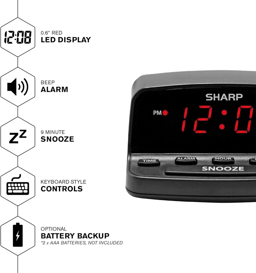 SHARP DIGITAL ALARM CLOCK Loud Alarm Snooze Keyboard Controls LED Display Black - Image 4 of 4