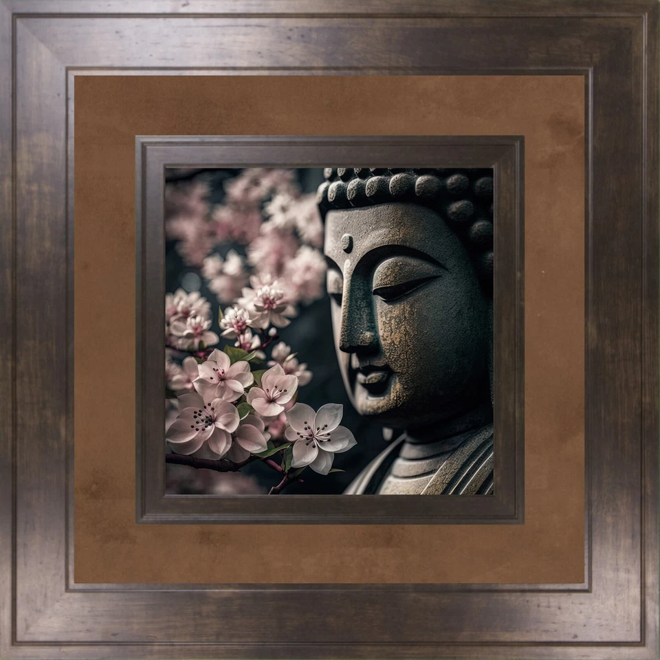 Buddha with Apple Blossoms Double Frame Non-Glare Espresso Walnut Frame & Fabric - Image 2 of 4
