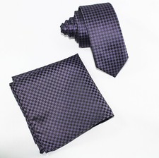 Men's Skinny Slim 2.25" Necktie Pocket Square Hanky Plaid Checker Purple Black