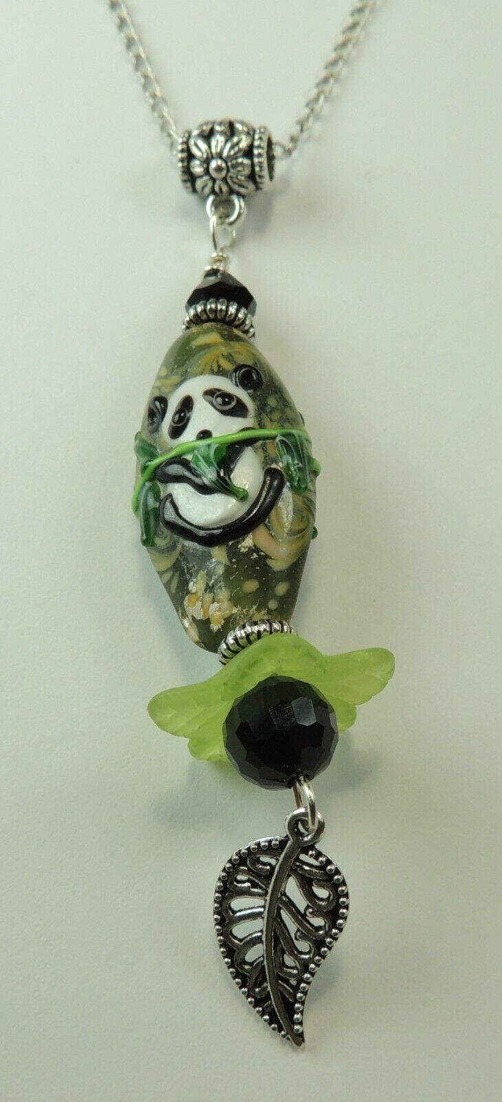 Panda Lampwork with Acrylic Flower  Leaf Charm on Chain NECKLAC