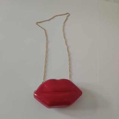 Chic Red Lips Clutch, Zipper, Cross Body Gold Chain Purse Bag, Jelly Cute 9x5