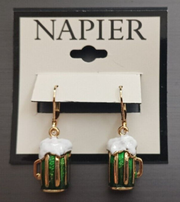 New Napier Gold Tone Green Beer Mug Drop Earrings ~ St. Patrick's Day