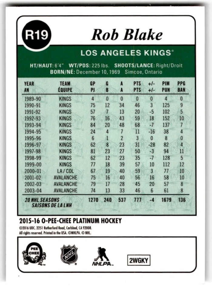 2015-16 O-Pee-Chee Platinum Retro Rob Blake #R19 Los Angeles Kings - Image 2 of 2