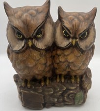 Beautiful Hand painted Pair Of Owls On Log 6  High. Ceramic Owl. Vintage