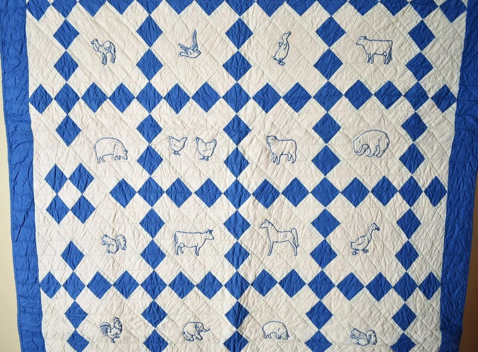 30's Vintage Blue & White Nine Patch Antique Crib Quilt ~Background Animals! - Image 2 of 4