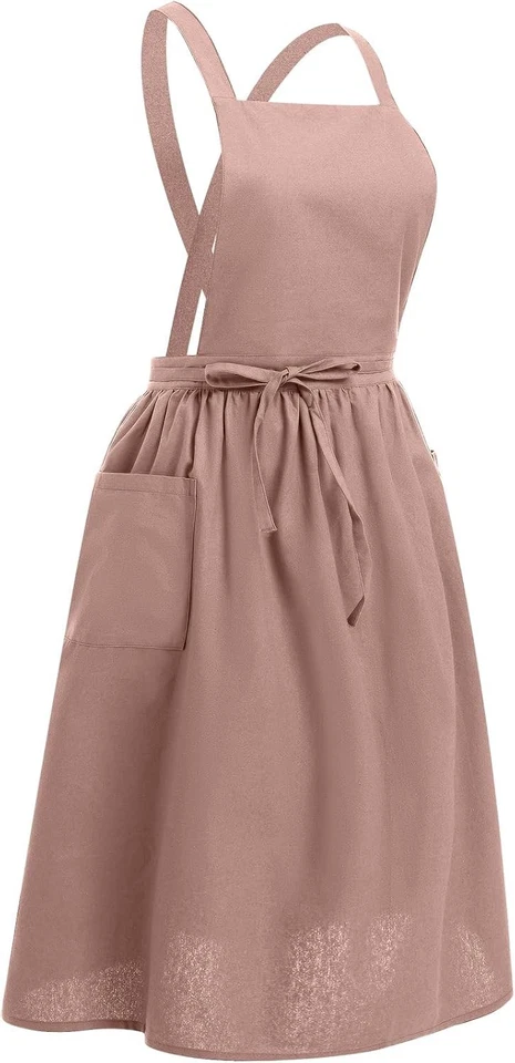 Cotton Linen Apron for Women Girls Pockets Vintage Cross Back Cooking Gardening - Image 4 of 4