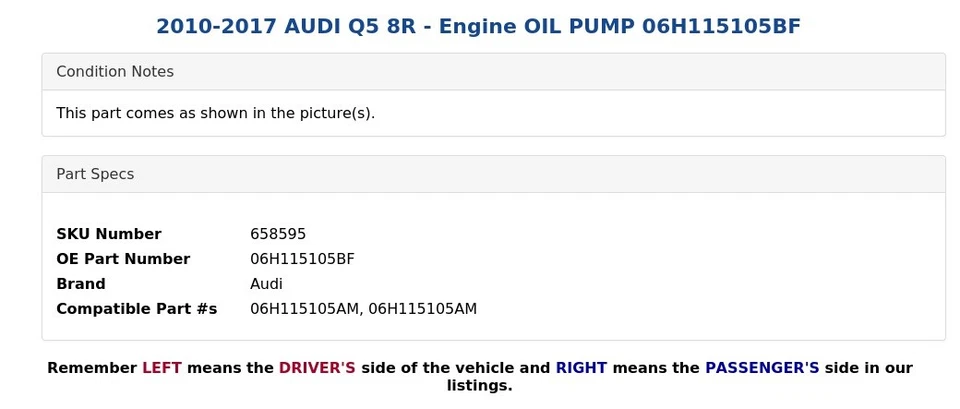 AUDI Q5 8R 2010-2017 - Motor bomba de aceite 06H115105BF Foto 4 de 4