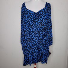 Ava Viv Women Faux Wrap Dress Size 3X Balloon Sleeve Blue Black Stretchy Midi
