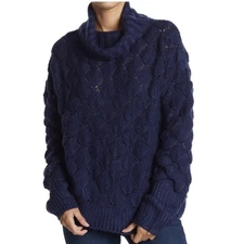 NEW FRNCH Bubble Stitch Chunky Knit Oversized Turtleneck Sweater Navy M/L