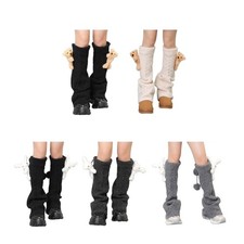 Cute Bear Dolls Leg Warmers for Women Twist Cable Knit Flared Long Boot Covers