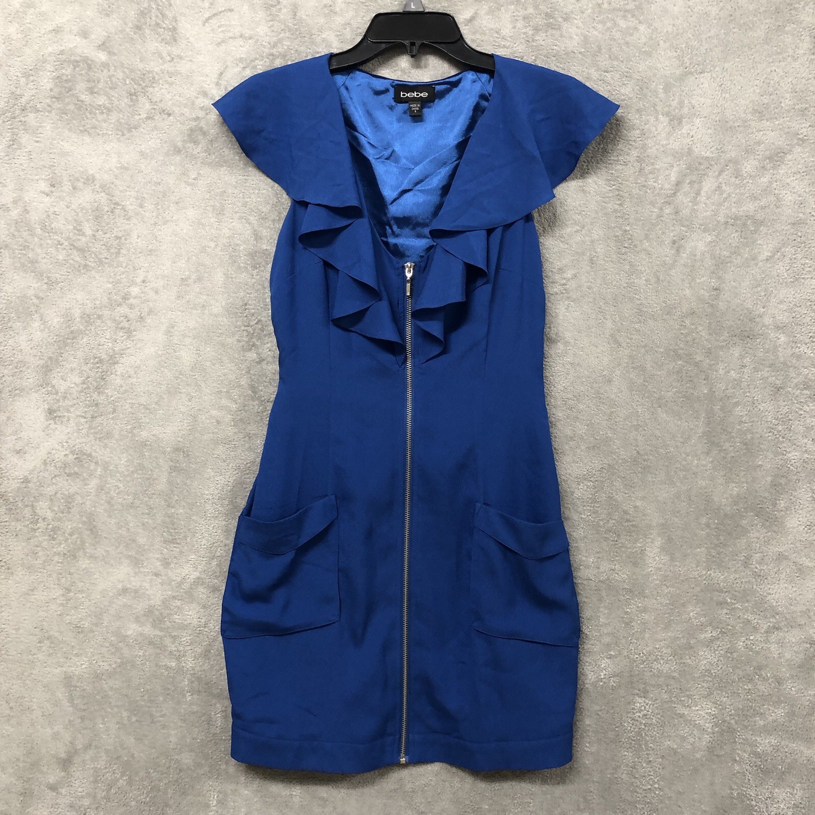bebe Ruffle Dress Bodycon Royal Blue Womens Small Full Zip Sleeveless V Neck