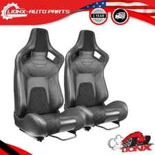 Pair Reclinable Pair Racing Seats + Dual Sliders Black PU&Carbon Leather