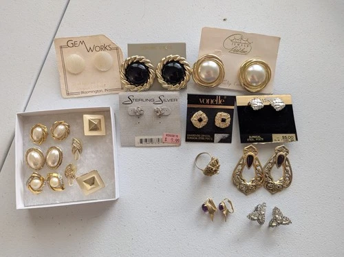 Vtg 80’s Glam Costume Jewelry Lot Chunky Gold Silver Tone Clip Earrings