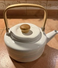 Vintage Enamelware Enamel Metal Wood Handle Retro Rainbow Coffee Tea Kettle Pot 