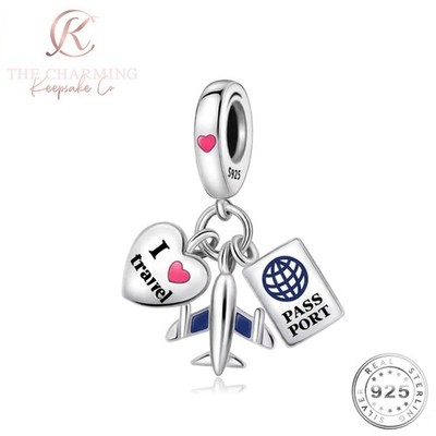 Passport & Plane Love To Travel Charm Echt 925 Sterling Silber