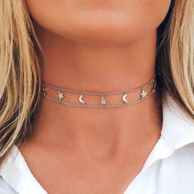 Pura Vida Cosmos Galaxy Moon Star Charms Choker Necklace Silver New