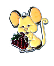 STAINED GLASS Suncatcher MOUSE HOLDING STRAWBERRY 4" Vintage ORNAMENT