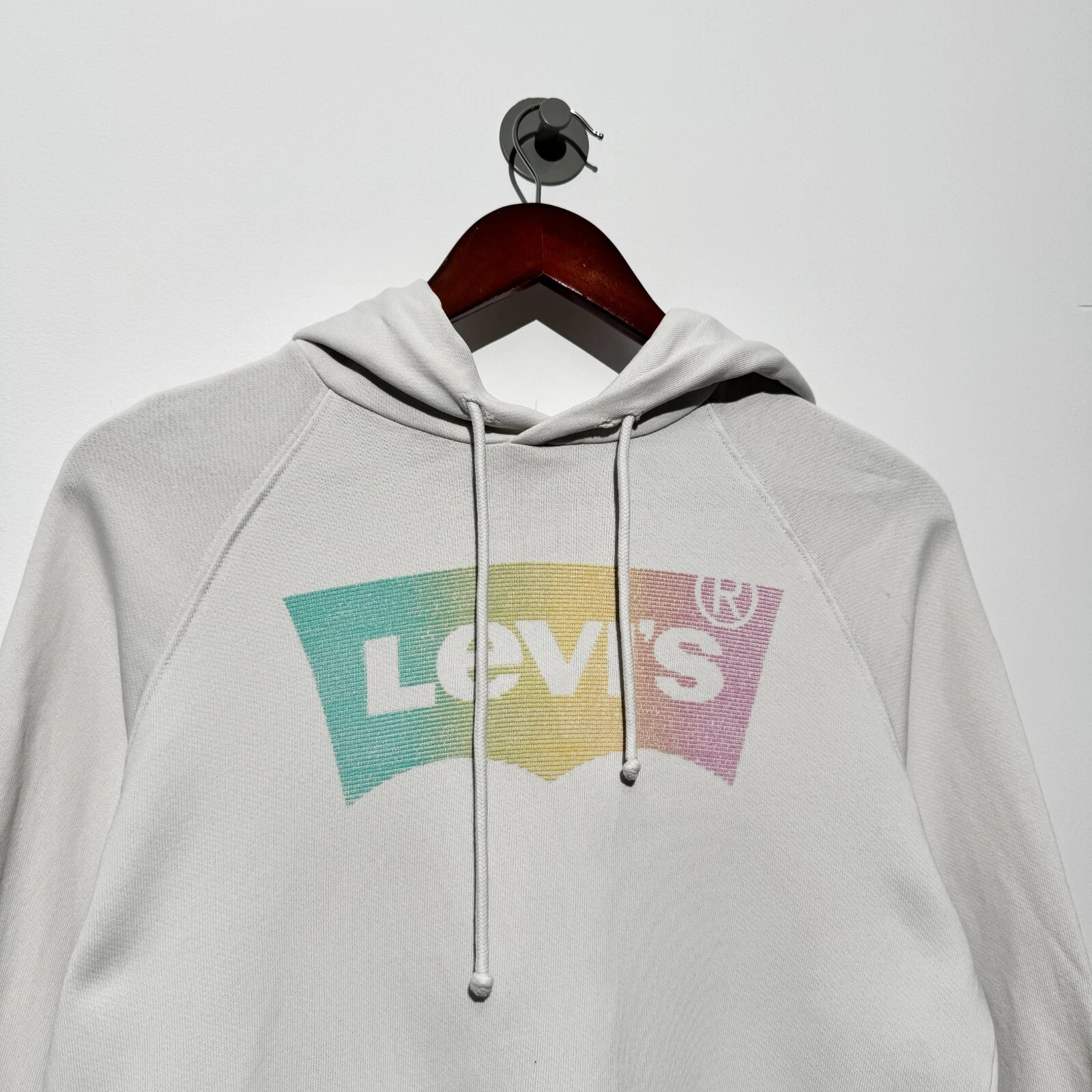 GUCCI Felpa con cappuccio unisex Levis cotone bianco taglia XXS lavata anni 90 sbiadita vestibilità regolare