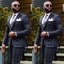 Navy Windowpane 2 Piece Mens Suit Peak Lapel Wedding Party Formal Outfit