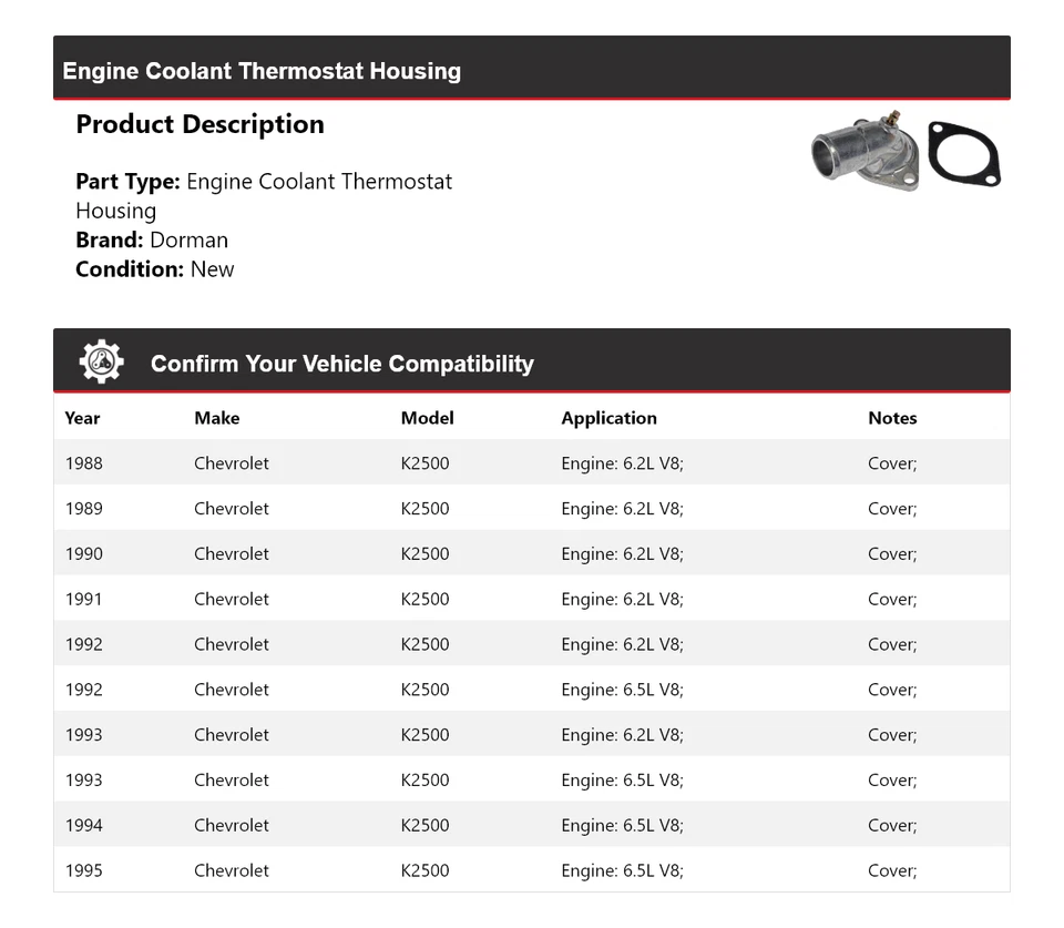 Carcasa termostato refrigerante motor Chevrolet K2500 Dorman 1988-1995 1989 1990 Foto 2 de 4