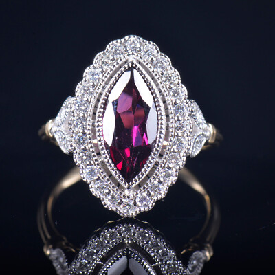 Solid 14K Gold Natural Dimonds Engagement Marquise 12x6mm Garnet Ring