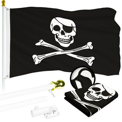 Combo White Flagpole 5 Ft & Pirate Jolly Roger Bones Flag 2x3 Ft Emb 300D Poly