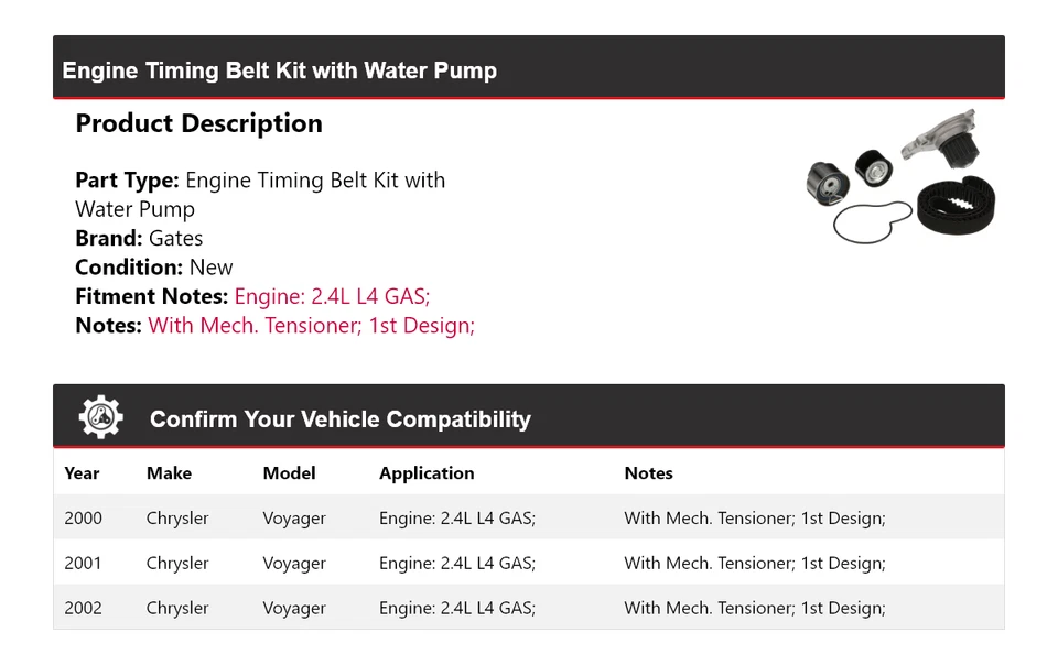 适用于 2000 - 2002 年克莱斯勒 Voyager 发动机定时皮带套件带水泵门 2001 — 第 2/4 张图片