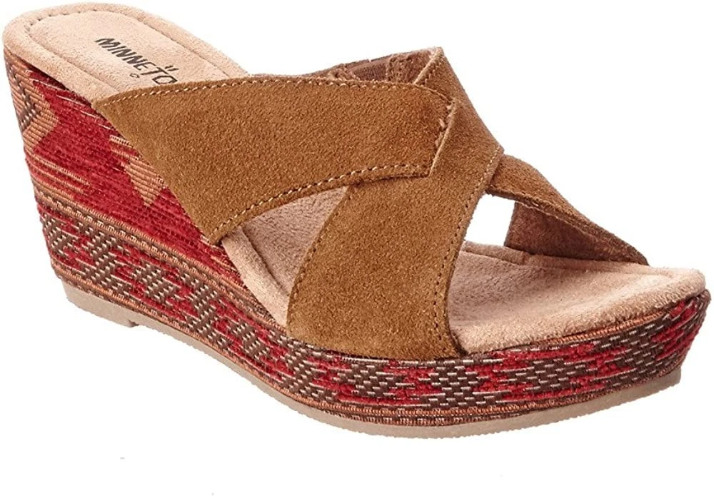 NIB Dusty Brown Womens Minnetonka Slip On Kylie Leather Wedge Sandals Size 7