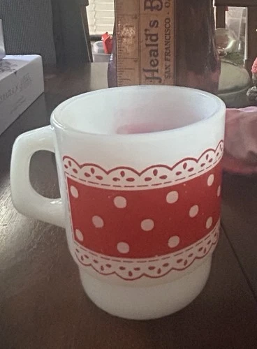 Fire King Coffee Mug Red Polka Dots Lace Vintage Milk Glass Anchor Hocking