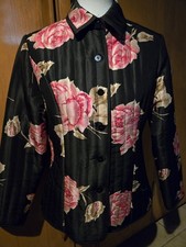 Vintage Sweet Carole Little Black Beaded Pink Roses Silk Quilted Jacket