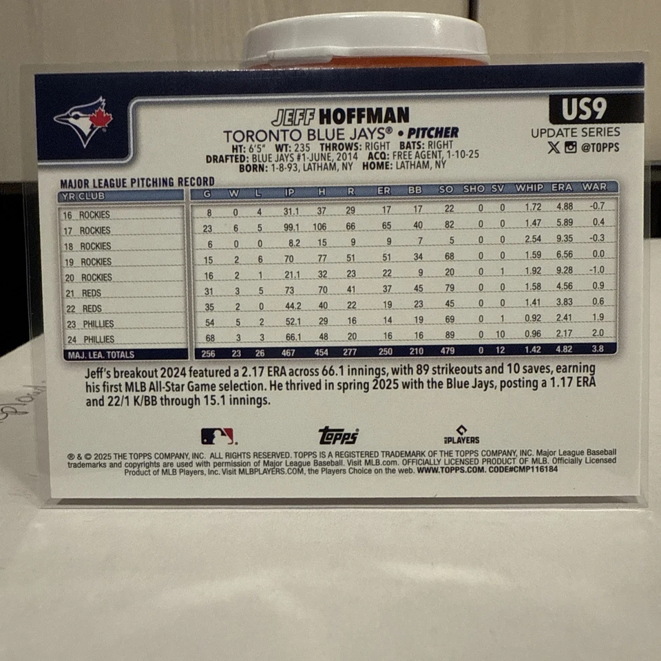 Jeff Hoffman US9 Rosa Holo Lámina Topps Actualización Serie 2025 Toronto Blue Jays Foto 4 de 4
