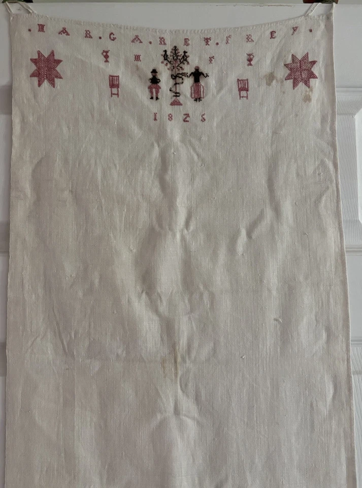 Show Towel 1825 Adam & Eve Sampler American Needlework Linen Sampler Folk Art  - Image 3 of 4