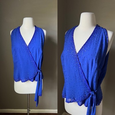 Vintage Alfred Angelo Evening Blouse Blue Beaded Halter Faux Wrap Sleeveless Y2K