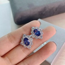 3Ct Lab Created Blue Sapphire Diamond Halo Stud Earrings 14K Yellow Gold Finish