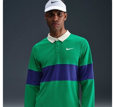 Nike Court Advantage Slam Green Blue Long Sleeve Polo IB8141-324 Mens Size Small