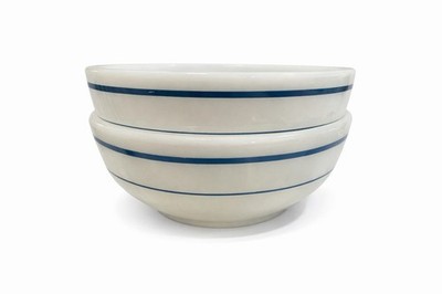 2 VTG Pyrex Tableware Bowl White Milk Glass Blue Stripe 5.5  Corning USA